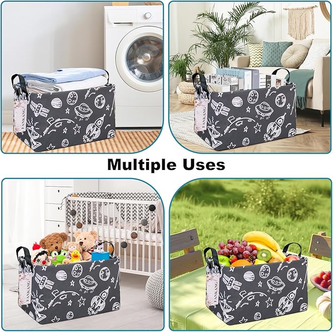 Storage Basket,Nursery Hamper Canvas Laundry Basket Foldable with Waterproof PE Coating Storage, Office, Bedroom, Clothes,Toys (Rec-Space Planet)