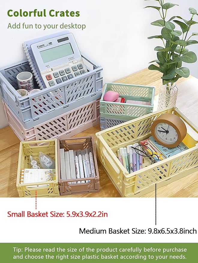 4 Pack Mini Foldable Plastic Small Baskets for Organizing and Storage, Collapsible Storage Crate for Home Bedroom Office Classroom Drawer Organizers (5.9x3.9x2.2in) Mini Size