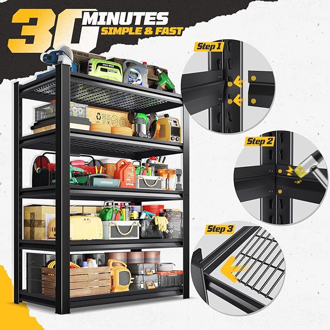 Garage Shelving, 2000LBS Garage Storage Shelves, 5-Tier Heavy Duty Shelves, Utility Adjustable Metal Shelving Unit, 72" H x 35.4" W x 15.7" D Storage Shelf for Warehouse, Basement, Closet
