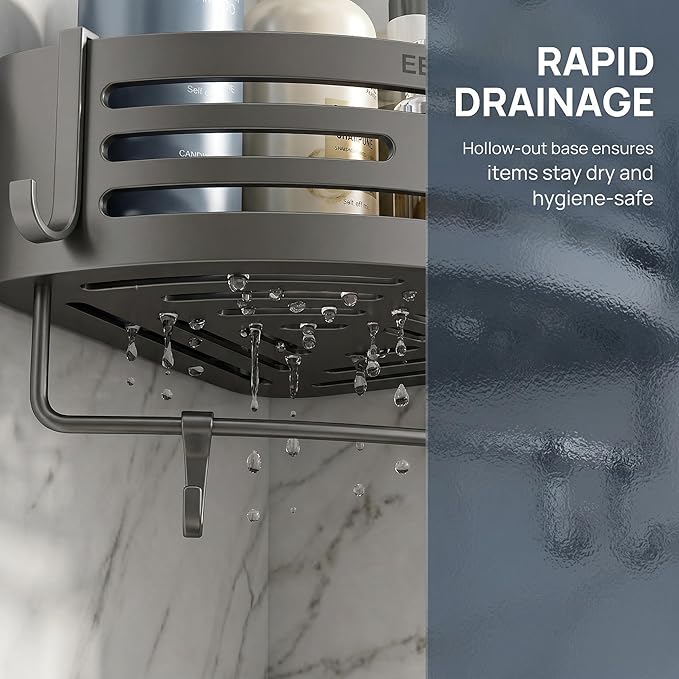 Corner shower rack, corner shower shelf suction cup， Non perforated shower rack, bathroom decoration, aviation aluminum, matte gray, caddy with towel bar and hook (1)