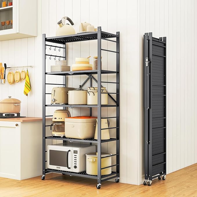 5-Tier Folding Metal Storage Shelf with Wheels & Hooks, Heavy Duty Utility Rack, No-Assembly Collapsible Organizer for Kitchen, Garage, Office, Living Room – 750 lbs Capacity(Black, 5-Tier)