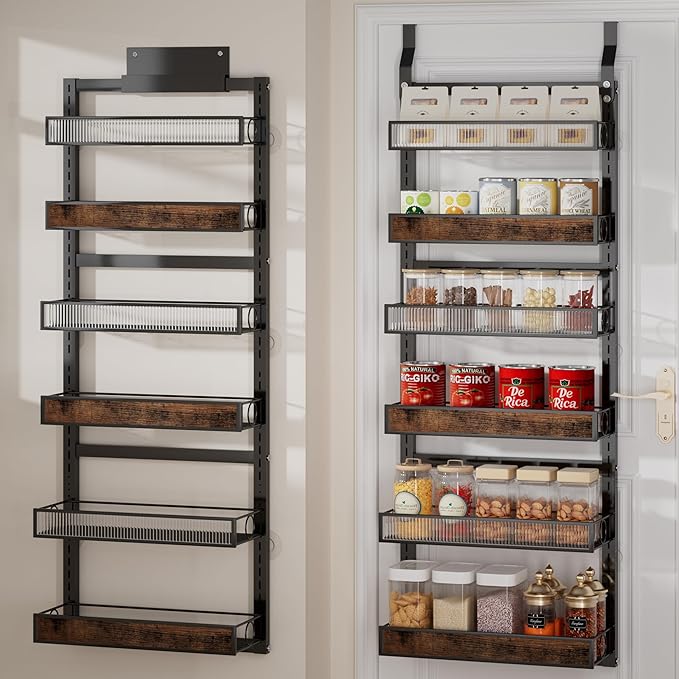 6 Tier Pantry Door Organizer Spice Rack, 2-IN-1 Wall Mount or Hanging Over Door Seasoning Organizer with Adjustable Baskets, Heavy Duty Behind Door Storage Shelves for Pantry, Cabinet and Kitchen