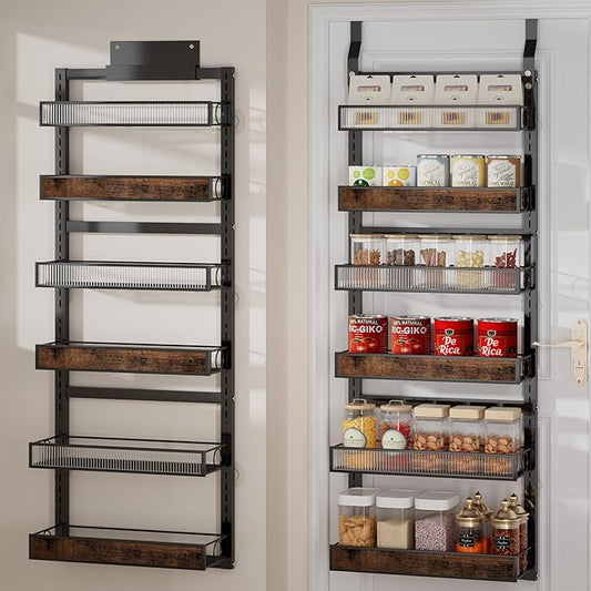 6 Tier Pantry Door Organizer Spice Rack, 2-IN-1 Wall Mount or Hanging Over Door Seasoning Organizer with Adjustable Baskets, Heavy Duty Behind Door Storage Shelves for Pantry, Cabinet and Kitchen