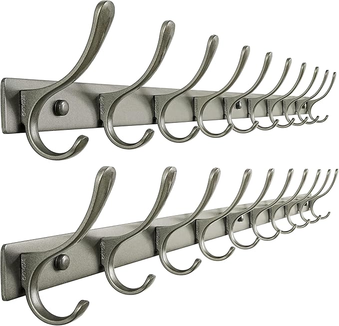 SKOLOO Coat Rack Wall Mounted - 10 Hooks, Pack of 2, Heavy Duty, Stainless Steel, Metal Wall Hangers, Sturdy Coat Hooks for Hanging Coats, Jacket, Clothes, Hat, Matte Grey