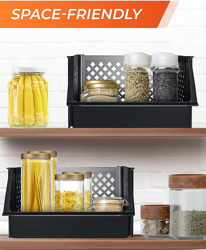TidyFriend 3 Pk XLarge Stackable Storage Bins Open Front for Pantry Organizers and Storage, Pantry Storage for Food, Kitchen and Home Organization, Plastic Storage Bins, Dorm Room Essentials (Black)