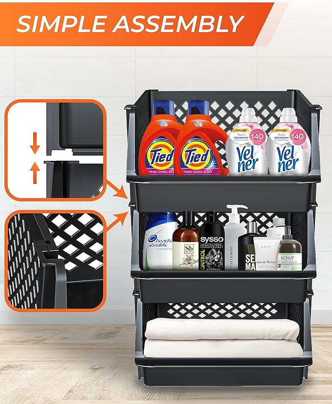 TidyFriend 3 Pk XLarge Stackable Storage Bins Open Front for Pantry Organizers and Storage, Pantry Storage for Food, Kitchen and Home Organization, Plastic Storage Bins, Dorm Room Essentials (Black)