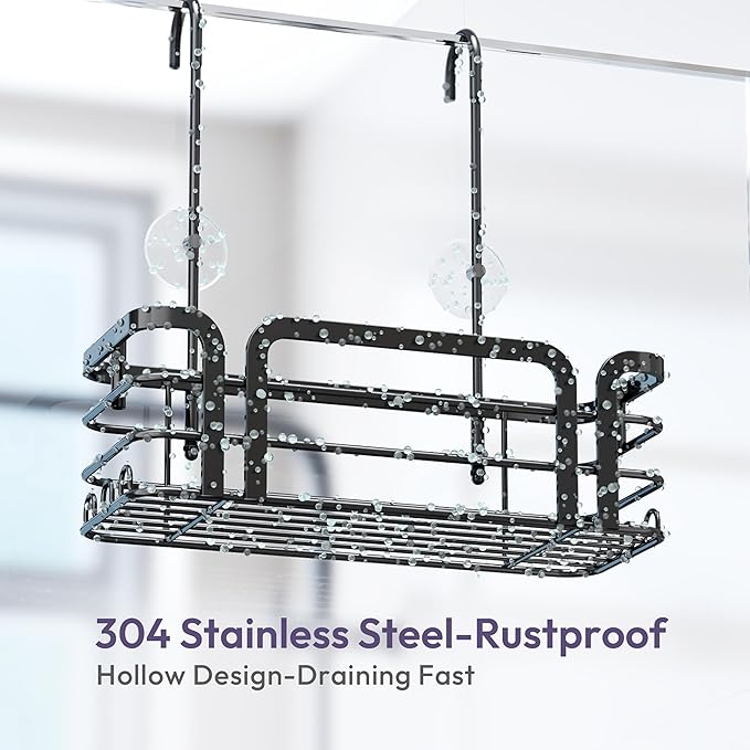SWTYMIKI Shower Caddy Hanging Organizer - Over the Door Shower Caddy with 6 Hooks, 2 Installation Ways, Stainless Steel Rustproof Bathroom Organizer, Black