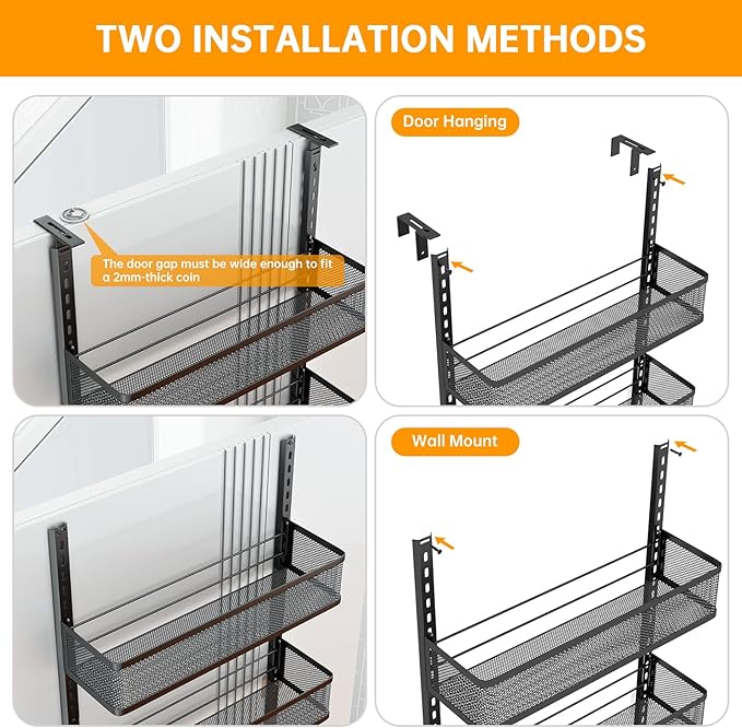 Space-Saving Over The Door Organizer with 5 Adjustable Baskets & 5 Hooks, Metal Wall Mount Storage Rack, Behind The Door Storage for Bathroom, Kitchen, Pantry, Laundry Room (Black)