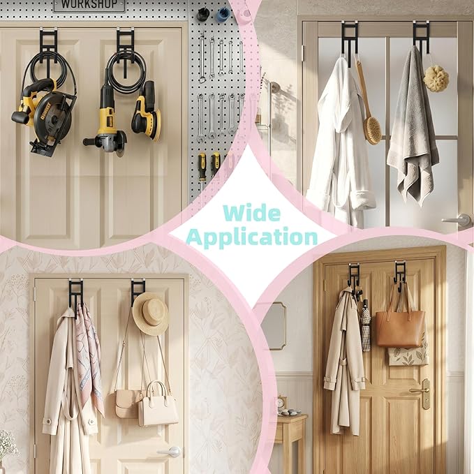 Over The Door Hooks - 2 Pack Heavy Duty Triple-Hook Organizer Hanger with Rubber for Towels, Clothes, Hats & Bags Use in Bathroom, Bedroom, Kitchen - Fits Interior Doors (Black, Shape A)