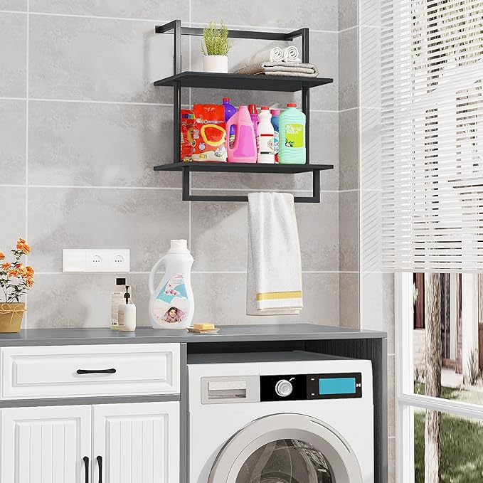 Wall Mounted Towel Rack for Bathroom, Bath Storage Holder 3-Tier Steel Wood Towel Shelf with Bar, Black