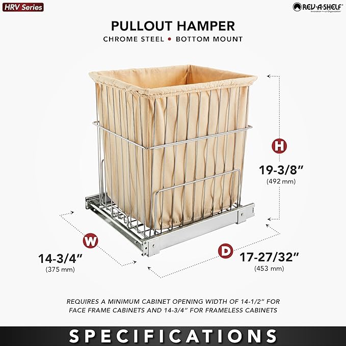 Rev-A-Shelf 20 In Pullout Clothes Laundry Hamper, Steel Mounted, Chrome, HRV-1520 S CR - Hidden Pull Storage Basket Organizer for Deep Cabinet Floor and Bathroom