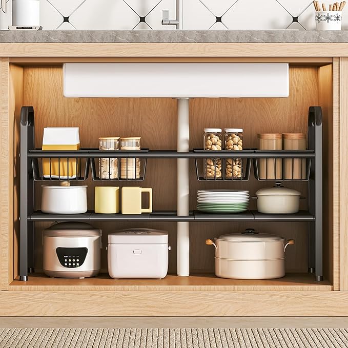 Under Sink Organizer Bathroom Expandable 2 Tier,Bathroom Cabinet Organizer,Adjustable Black Cabinet Shelf for Kitchen Bathroom Laundry,Under Sink Storage Rack with Removable Baskets and Panels