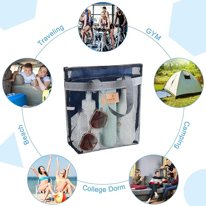 Tudomro 10 Pcs Mesh Shower Bag Caddy Tote Portable Quick Dry Tote Bag Lightweight Hanging Toiletry Bath Organizer for College Dorm Gym Swimming Beach Travel Games Sports (Gray Handle)