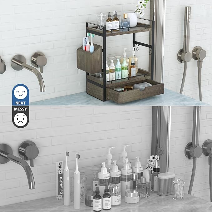 2-Tier Wood Bathroom Counter Organizer, Countertop Organizer with Drawer and Storage Basket, Bathroom Sink Organizer for Vanity, Skincare, Makeup, and Daily Essentials (Dark Brown)