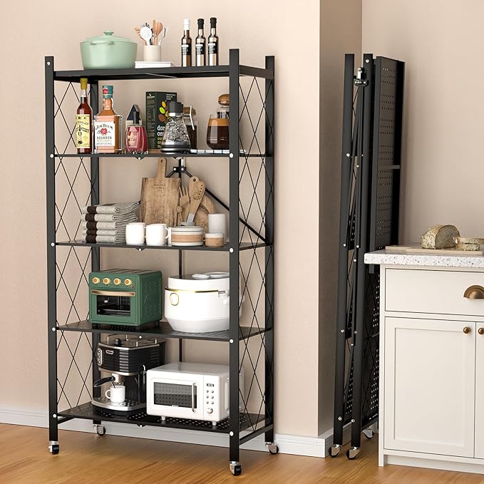 Storage Shelves, 5-Shelf Closet Organizers and Storage Foldable Metal Shelving Units 28.3" W x 13.35" D x 63" H for Garage Kitchen Bakers, Collapsible Organizer Rack, Heavy Duty on Wheels