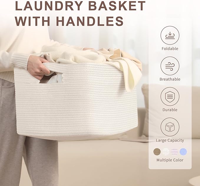 72L Large Baby Girls Laundry Basket for Nursery Storage,Cute Woven cotton Rope Baskets for Kids Toy，Gifts,Boho Square Wicker Blanket hamper for Living Room,Bedroom Dirty Clothes, White