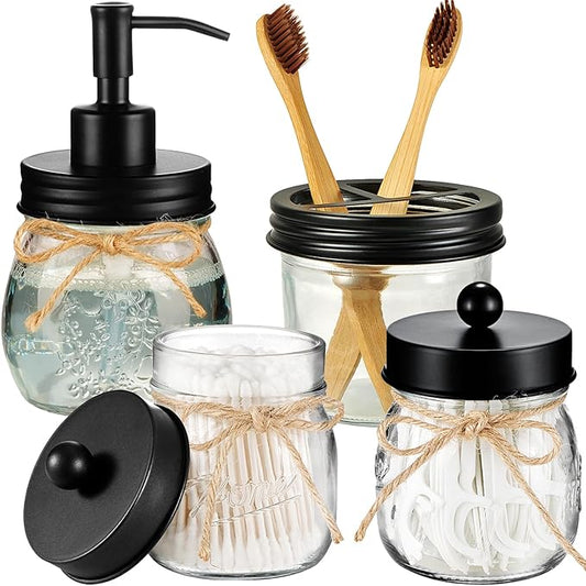 Amolliar Mason Jar Bathroom Accessories Set 4 Pcs -Lotion Soap Dispenser & 2 Qtip Holders & Toothbrush Holder - Rustic Farmhouse Decor, Bathroom Home Decor (Black)