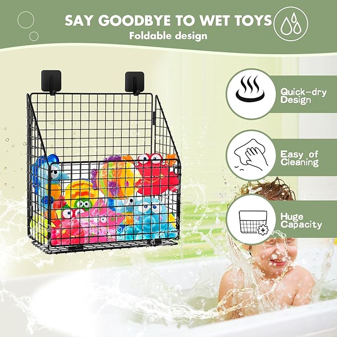 Greentainer 2 Pack Bath Toy Storage Organizer, Large Rustproof Metal Wire Basket, Foldable Wall Mounted Hanging Bathtub Toy Holder with Drainage, No Drill Adhesive Shower Caddy for Bathroom Tub