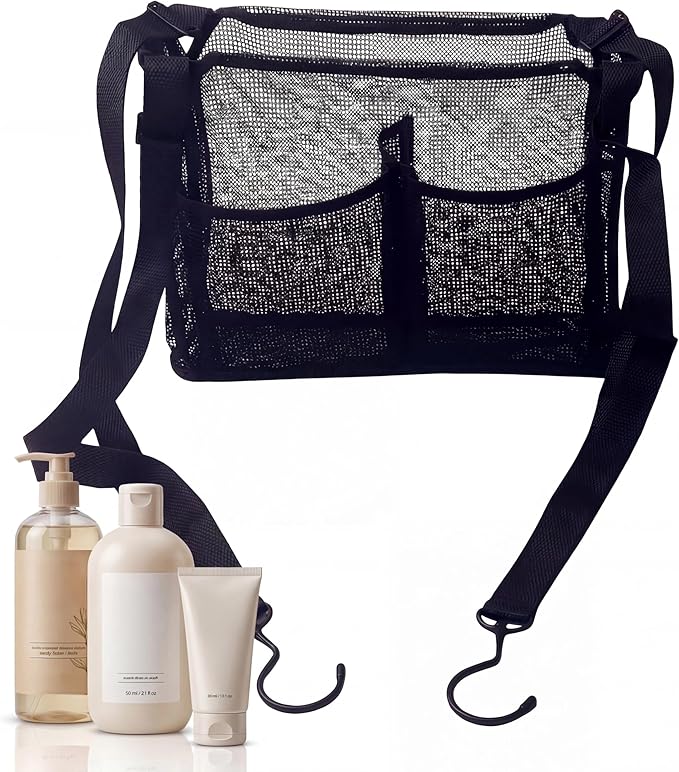 Hanging Mesh Shower Caddy With 4 Storage Pockets & Hooks, Adjustable Hanging Shower Storage Organizer for College Dorm, Gym, Swimming & RV Travel