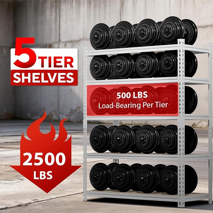 5-tier garage shelving, heavy-duty storage racks, 2,500-pound load capacity. 72“H x 35.95”W x 16"D adjustable metal shelving units, ideal for garage storage and commercial applications(72H*35.95W*16D)