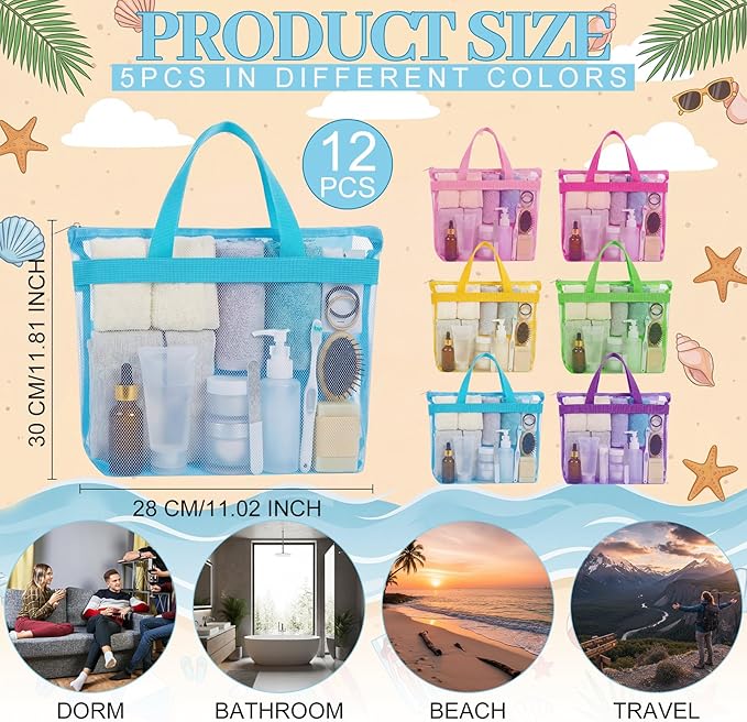 Tudomro 12 Pcs Mesh Shower Bag Caddy Tote Portable Quick Dry Tote Bag Lightweight Hanging Toiletry Bath Organizer for College Dorms Gym Swimming Beach Travel Games Sports (6 Colors)