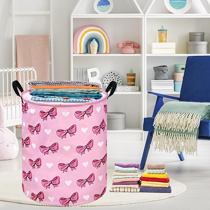 Kids Laundry Hamper Storage Basket Laundry Organizer Hamper Storage Bins Clothes Box Nursery Hamper Gift Basket with Handles (Bowknot)