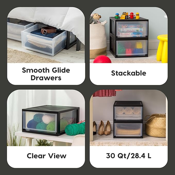IRIS USA 30 Qt. Plastic Drawer Storage Organizer Stacking Drawers, 2-Pack, Stackable Unit with Sliding Drawer for Clothes Bedroom Kitchen Under Sink Pantry Craft Room Bathroom Dorm Office, Black