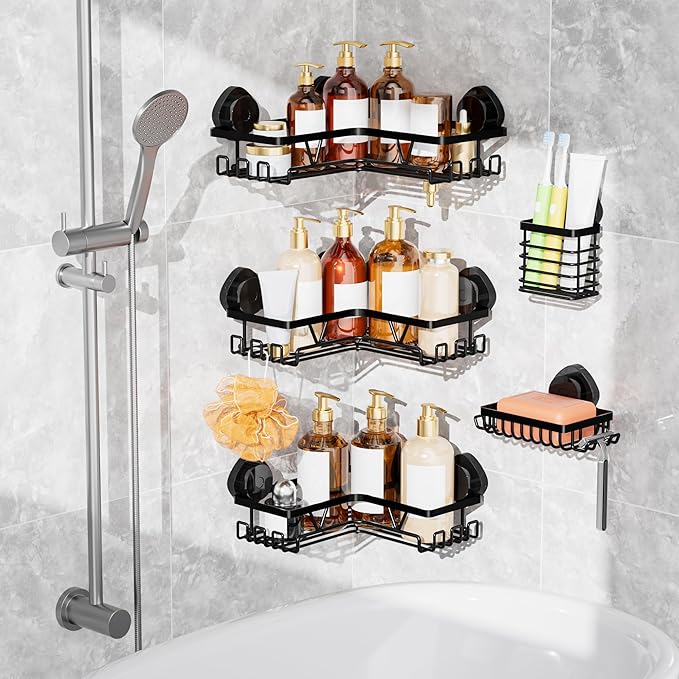 KEGII 5 Pack Corner Shower Caddy Suction Cup, Large Capacity Bathroom Organizer with Soap Dish & Toothbrush Holder, No Drilling Stainless Steel Wall Mounted Shower Storage, Black