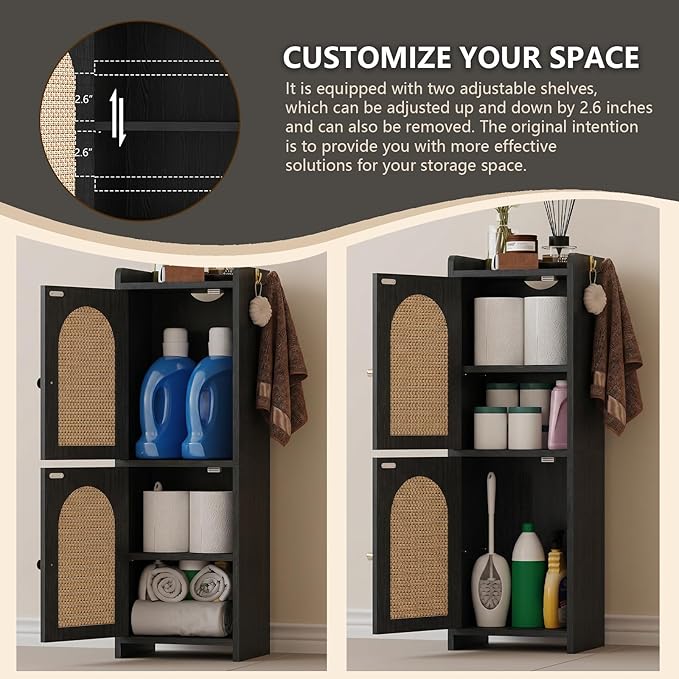 Rattan Bathroom Storage Cabinet,Corner Floor Cabinet with 2 Doors and Adjustable Shelf, Narrow Toilet Paper Cabinets with 2Hooks,Toilet Organizer for Small Spaces,7.87"D*9.84"W*29.72"H（Black）