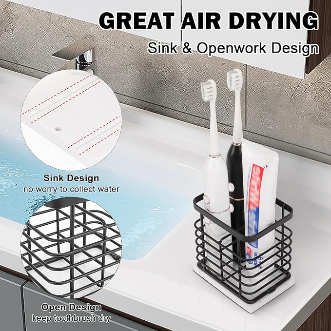 Toothbrush Holder, Luxurious Metal Toothbrush Toothpaste Holder with Marble Base for Bathroom, Multi-Slots Openwork Design, Bathroom Accessory for Storage and Organizer (Small, Matte Black)
