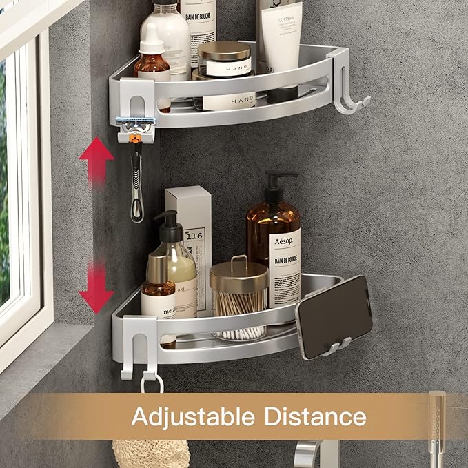 VOLPONE Corner Shower Caddy with Razor Holder Adhesive Shower Shelf Corner No Drilling Bathroom Corner Shower Organizer Storage Rack Shampoo Holder Wall Mount (2-Pack, Silver)
