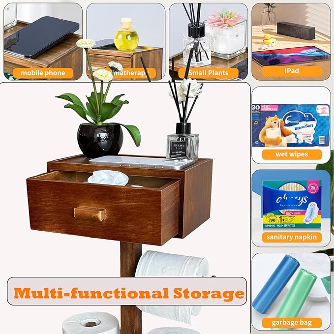 Freestanding Bathroom Toilet Paper Holder Stand with Shelf, Bamboo Toilet Paper Roll Holder with Wet Wipes Storage Drawer(Brown)