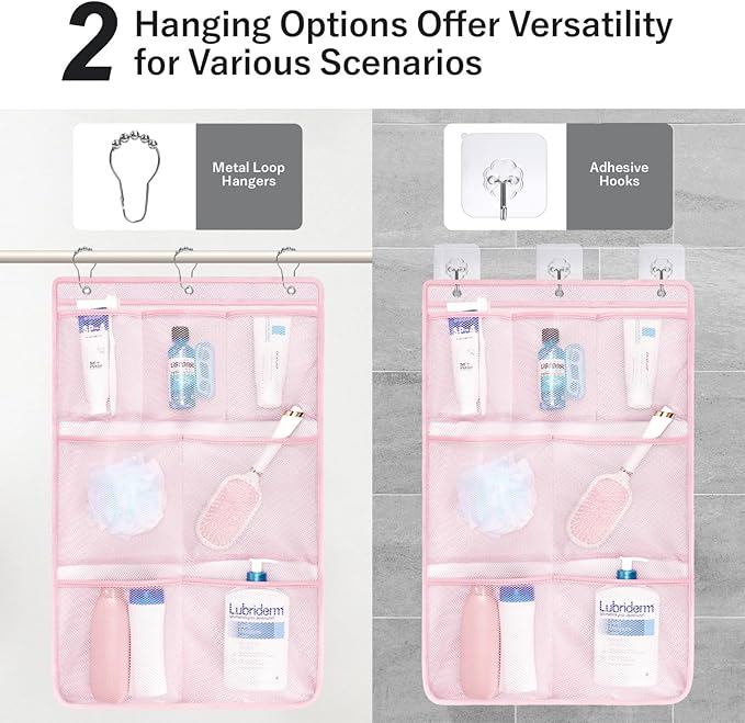 F-color Cruise Essentials 2026 - Mesh Shower Organizer Hanging with 7 Pockets for RV Gym Camping, Quick-Dry Portable Toiletry Bag with Metal Hooks for Bathroom Travel Toiletries, Pink