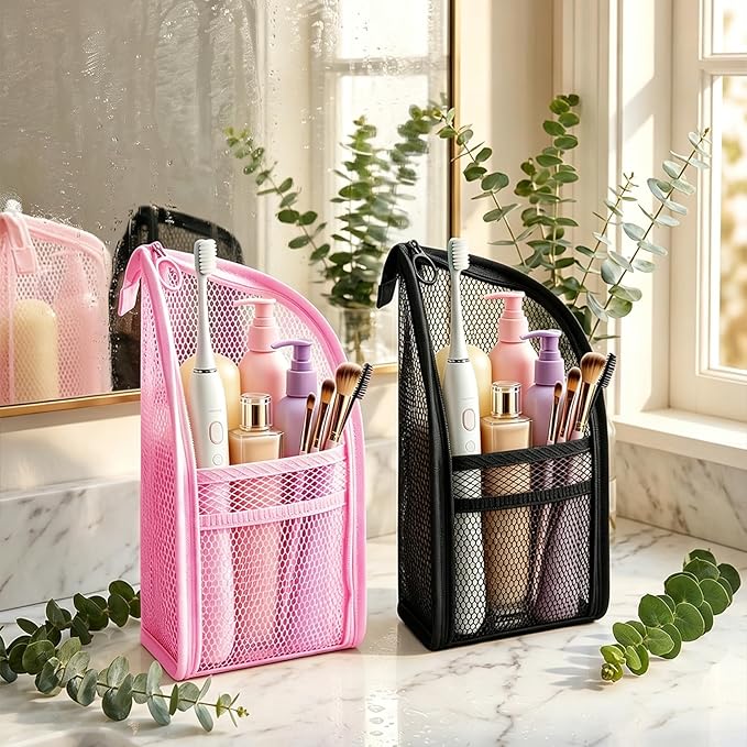 Standing Toiletry Bag, Lightweight Portable Travel Toiletry Bag, EVA Foldable Clear Hanging Makeup Bag, Breathable Cosmetic Organizer for Travel & Bathroom (Pink and Black)