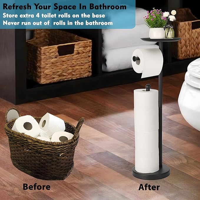 Noonext Black Toilet Paper Holder With Shelf, Freestanding Toilet Paper Holder Stand With Tray At The Top, Heavy Base No Tipping Over (Stainless Steel, Black)