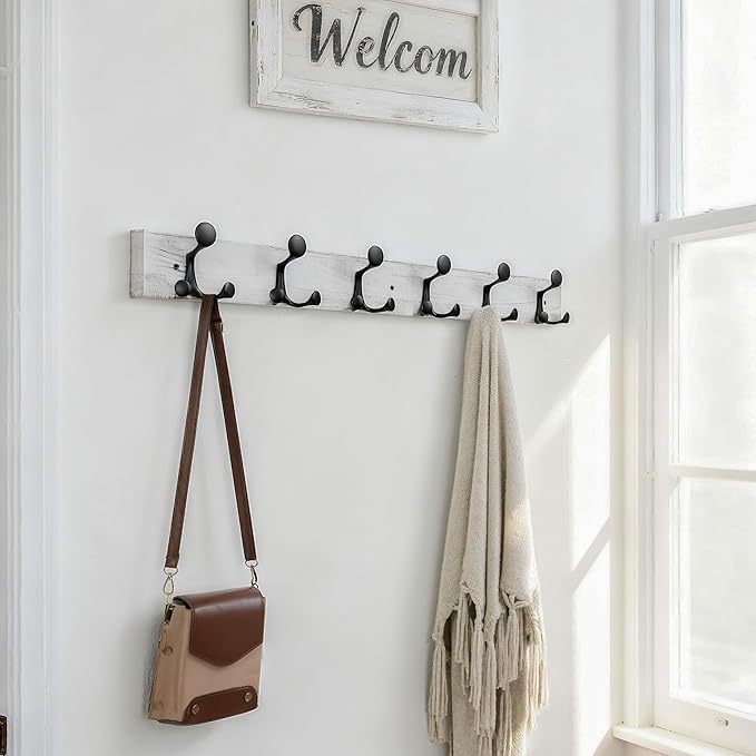 SKOLOO 36-Inch Wood Coat Rack Wall Mount with 6 Triple Hooks - Ideal for Family Entrances, Classrooms, and Pet Supplies Storage - Distressed White Wash