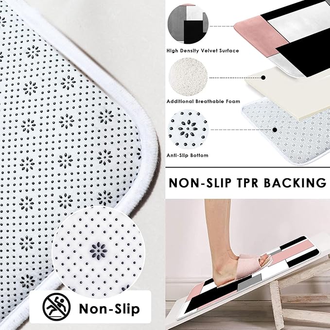 Pink Geometric Shower Curtain Set with Toilet Lid Cover and Non-Slip Rugs for Bathroom, Grey Black White Checkered 4 Pcs Shower Curtain, Abstract Modern Bathroom Set with 12 Hooks