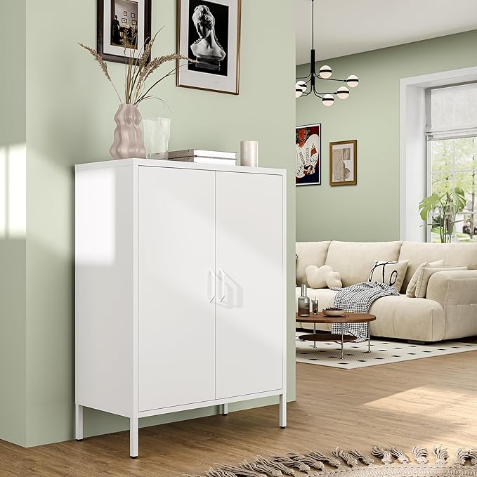 Bevivog Metal Locker Cabinet with 2 Doors, White Metal Accent Cabinets for Home Office, 40" Counter Height Storage Lockers Sideboard for Home Office Kitchen Living Room Hallway Entryway