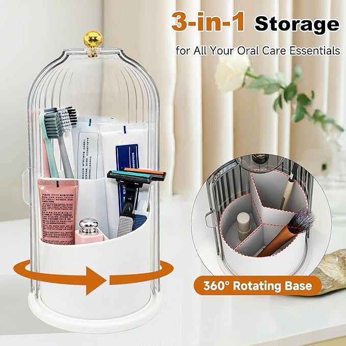 Toothbrush Holder Sliding Lid, 360° Rotating Bathroom Counter Organizer and Storage, Toothbrush and Toothpaste Holder for Bathroom Countertop, Makeup Brush Organizers for Vanity