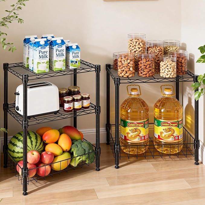 2-Wire Shelving Unit, Multi-Tier Stackable Metal Storage Shelves, Versatile Utility Shelves & Wire Rack for Garage Shelving, Pantry Shelves, Office, Living Room, Garage,Black