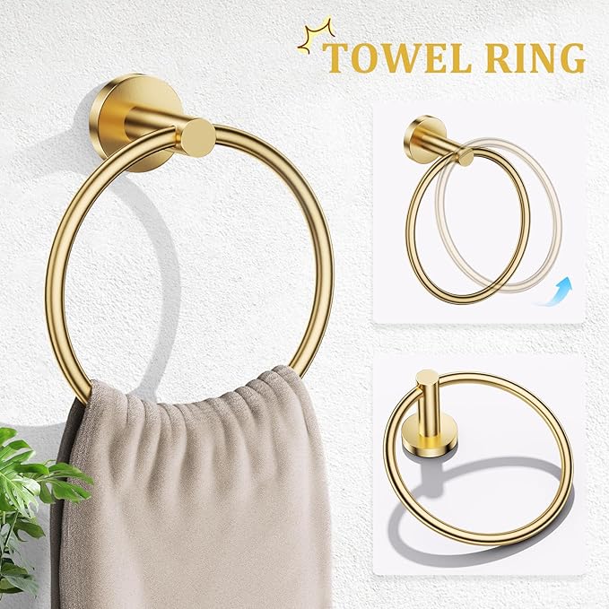 TURS Brushed Gold 5-Piece Bathroom Hardware Set Towel Bar Set SUS304 Stainless Steel Towel Racks for Bathroom Wall Mounted, 23.6-Inch