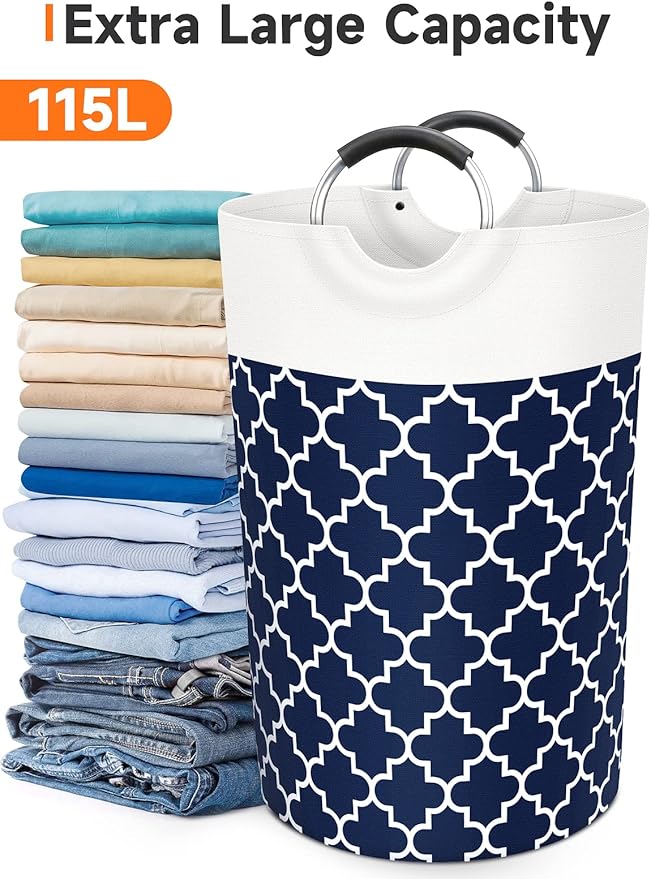 Fabspace Large Laundry Basket Laundry Hamper Bag Washing Bin Clothes Bag Collapsible Tall with Handles Waterproof Travel Bathroom College Essentials Storage for College Dorm, Family (Blue) 115L