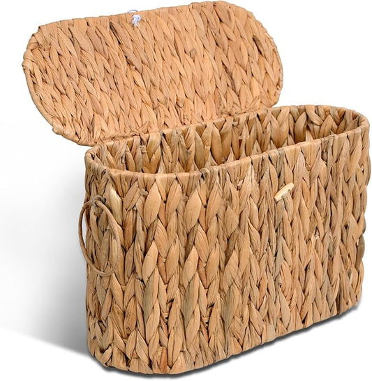 Toilet Paper Storage Basket with Lid - Slim Water Hyacinth Toilet Paper Holder, Holds Up to 6 Mega Rolls, Handwoven Wicker Bathroom Organizer, Natural Rattan Coastal Bathroom Decor