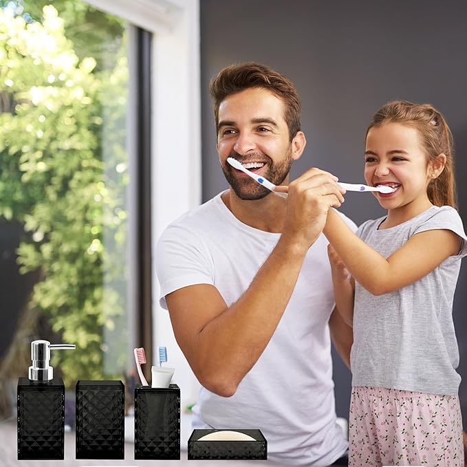 Bathroom Accessory Set, 4 PCS Black Bathroom Accessories Set, Soap Dispenser and Toothbrush Holder Set, Soap Dish and Mouthwash Cup, Boho Bathroom Decor, Plastic Bathroom Sets Accessories
