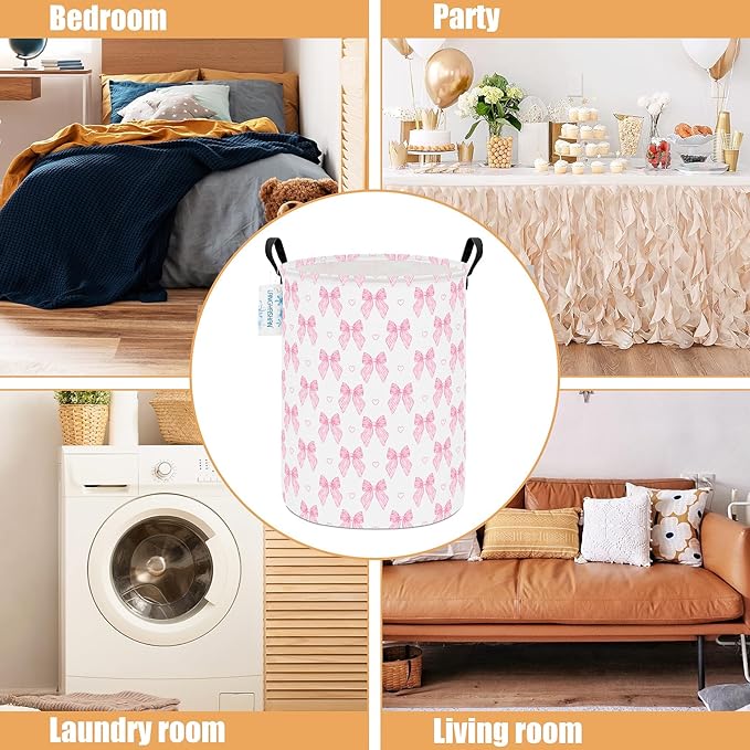 Laundry Basket Canvas Fabric Collapsible Organizer Basket for Storage Bin Toy Bins Gift Baskets Bedroom Clothes Children Nursery Hamper (Pink Bowknot)