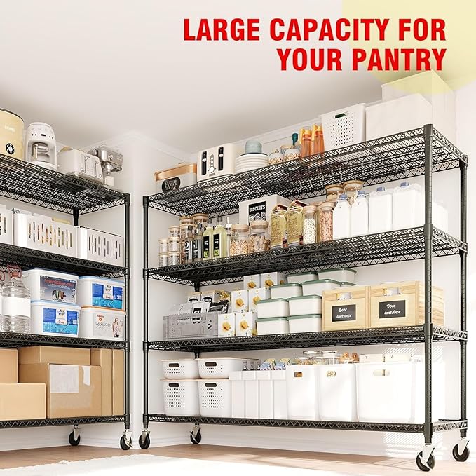 4-Tier Tall Steel Wire Shelving Unit with Wheels, Heavy Duty Storage Rack,2640 Lbs Capacity, Adjustable Industrial Shelves for Garage, Workshop, or Warehouse