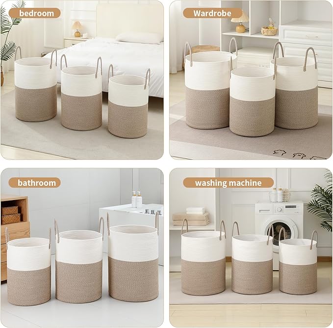 Laundry Basket Hamper Tall Rope Storage Woven for Blanket Toys Dirty Clothes in Living Room Bathroom Bedroom White & Brown 60L/15.8Gal