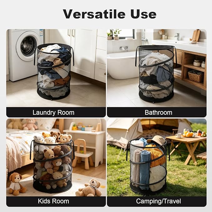 BATTOO Collapsible Laundry Basket with Lid, Large Foldable Mesh Pop Up Hamper 88L with Handles for Laundry Room, Bathroom, Kids Room, College Dorm, Travel, Storage Organizer Black