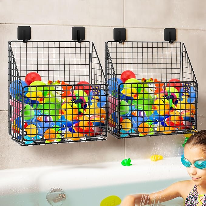 Greentainer 2 Pack Bath Toy Storage Organizer, Large Rustproof Metal Wire Basket, Foldable Wall Mounted Hanging Bathtub Toy Holder with Drainage, No Drill Adhesive Shower Caddy for Bathroom Tub