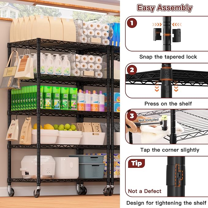 PrimeZone Wire Shelving Unit with Wheels, 5 Tier Adjustable NSF Certified Heavy Duty Metal Storage Shelves, Pantry Organizer Rack Rolling Kitchen Shelf for Closet, 24" W x 18" D x 75" H, Black, 3 PCS